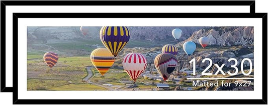 12x30 Picture Frame with 9x27 Mat Set of 2, Display Photo 9x27 with Mat or 12 x 30 Without Mat, Wall Hanging Large 12 by 30 Poster Frame with Plexiglass, 2 Pack, Black
