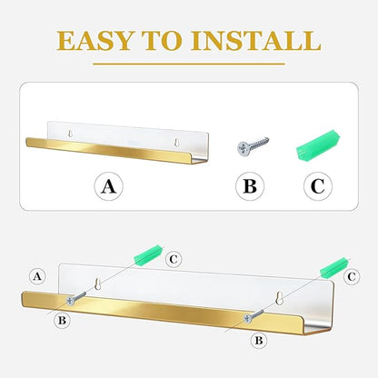 Blulu 8 Packs 14 Inch Acrylic Floating Shelf Wall Mounted Invisible Acrylic Shelf Ledge Floating Bookshelf for Living Room Office Bedroom Bathroom Kitchen Decoration Space Save (Golden)