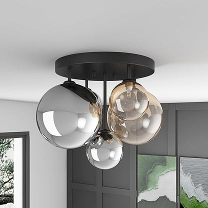 Aiwen 5-Light 17.71 in Black Semi Flush Mount Ceiling Light, Modern Ceiling Chandeliers with Globe Glass Shade, Farmhouse Ceiling Light Fixture, Cluster Chandelier for Bedroom