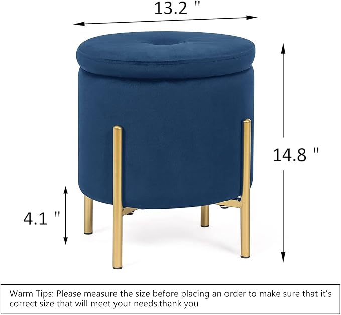 Adeco Upholstered Tufted Round Storage Ottomans, Navy Modern Velvet Footstool with Storage Space and Gold Metal Legs for Couch, Living Room, Bedroom, Entryway