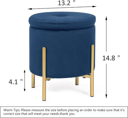 Adeco Upholstered Tufted Round Storage Ottomans, Navy Modern Velvet Footstool with Storage Space and Gold Metal Legs for Couch, Living Room, Bedroom, Entryway