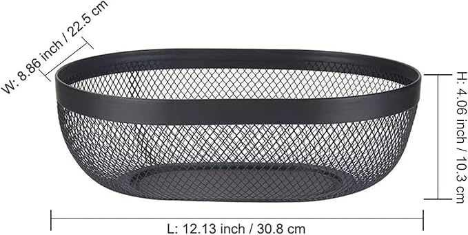 Metal Mesh Steel Basket, Oval Metal Wire Storage Organizer Baskets Multi Functional Kitchen Baskets Countertop Fruit Baskets Garden Harvest Basket for Kitchen Picnic Decor Cabinet Home, Black