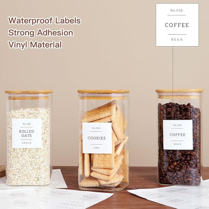 3 Pack Square Glass Kitchen Storage Jars with Airtight Bamboo Lids and 132 Pantry Labels - 54oz Glass Canisters with Wood Lids - Food Storage for Sugar, Rice, Pasta, Cereal