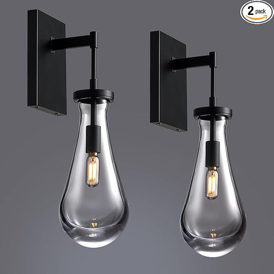 17" L Wall Sconces Set of 2, Black Wall Lights Fixtures Bathroom Vanity Light Modern Raindrop Wall Lamps for Living Room,Bedroom,Hallway,Stairs,Indoor