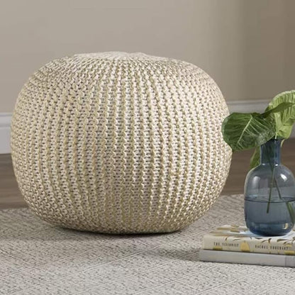 LR Home Gold/Beige Cableknit All-Natural Cotton Round Ottoman for Home Décor | Hand-Made Farmhouse Foot Rest for Bedroom & Living Room | 20 x 20 x 16 Stuffed Pouf for Seating