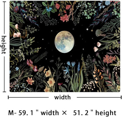 Amhokhui Moonlit Garden Tapestry Boho Moon Tapestry Floral Flower Tapestries Colorful Plants Tapestries Black Wall Hanging Decor for Home