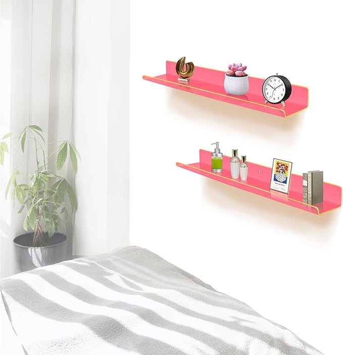 ROYALITA 24 Inches Acrylic Floating Book Shelves Wall Mounted Set of 2, Wall Hanging Plant Display Shelves, Room Decor Floating Wall Shelves for Gaming Room, Bedroom, Living Room, Office, Pink