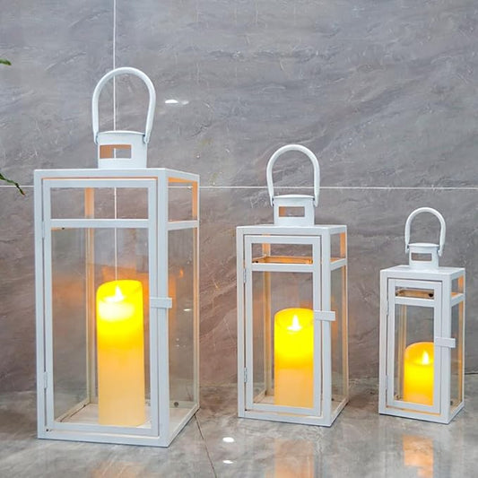 TRIROCKS Metal Candle Lantern Set of 3 - Assorted Sizes (12/15/19 Inch) - Tall Metal Hanging Lanterns with Tempered Panels Indoor & Outdoor Home Decor for Christmas Parties & Events - White Finish