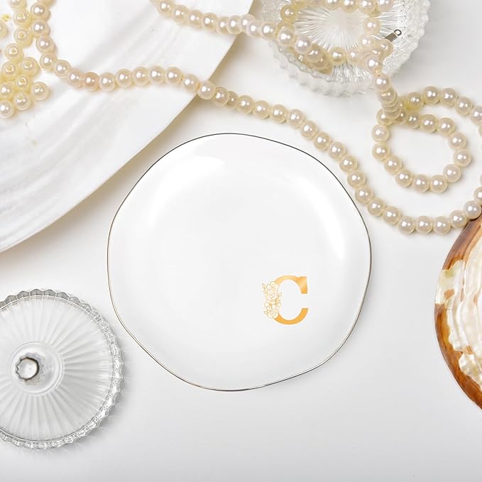 Initials Ring Dish Jewery Tray with Personalized C Monogrammed, Decorative Trinket Dish for Rings Earrings Necklaces Bracelet Watch Keys, Women Wife Friend Birthday Wedding Christmas Gifts