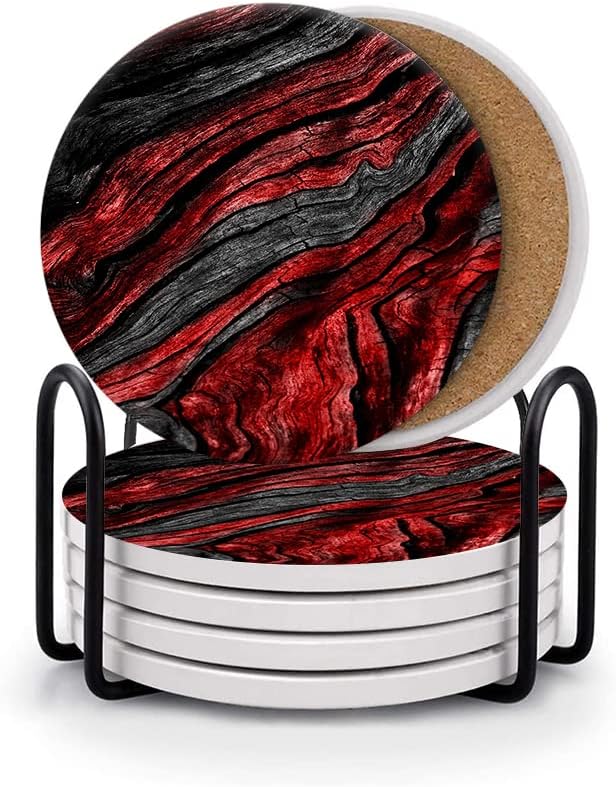 HUXJOKO Coasters for Drinks Set of 6,Red Black Wood Grain Absorbent Ceramic Coaster,Round Stone Mat,with Cork Base and Metal Holder for Coffee Table Room Bar Home Decor Housewarming Gifts