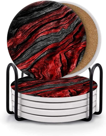HUXJOKO Coasters for Drinks Set of 6,Red Black Wood Grain Absorbent Ceramic Coaster,Round Stone Mat,with Cork Base and Metal Holder for Coffee Table Room Bar Home Decor Housewarming Gifts