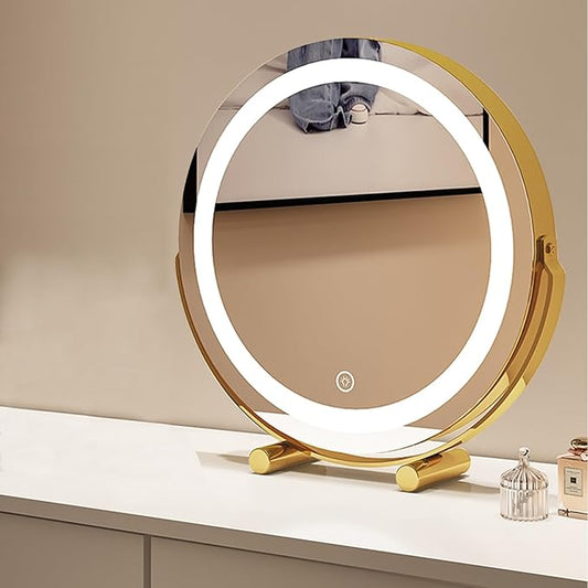 FERKAP Tabletop Vanity Mirror with Lights Lighted Makeup Mirror Touchscreen Control 3 Color Lighting Modes 360°Rotation High Definition Lighted Up Mirror (Color : Gold, Size : 17.7"X19.3")