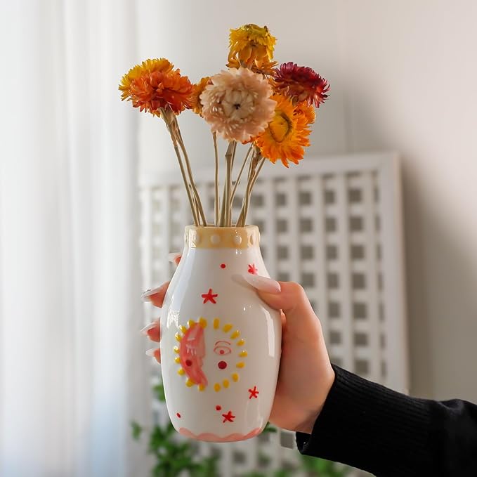 Cute Boho Small Cream Ceramic Bud Vase, Sun and Moon Round Decorative Vase for Dried Flowers/Single Rose/Pampas Grass, Modern Table Vase for Entryway Dining Coffee Table, Unique Home Gift