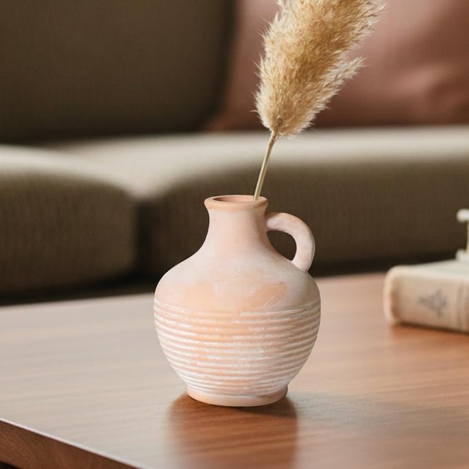Ceramic Flower Vase with Handle, 6 inch Rustic Terracotta Vase, Vintage Clay Pottery, Farmhouse Decor, House Decorations for Home, Living Room, Bedroom, Entryway, Kitchen Decor