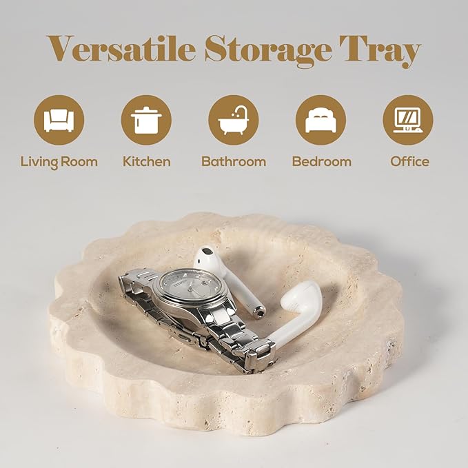 Koville 5.51" Travertine Tray, Round Stone Jewelry Dish for Ring Necklace Earring Perfume, Natural Marble Tray for Countertop Bathroom Kitchen Dresser, Beige Decorative Tray