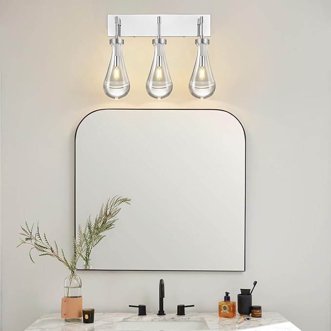 Raindrop Wall Sconces Chrome Crystal Sconces Wall Decor Modern Lighting Glass Bathroom Sconces Indoor Vanity Light Wall Lamp for Bedroom Living Room Stair(3-Light)