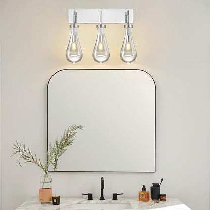 Raindrop Wall Sconces Chrome Crystal Sconces Wall Decor Modern Lighting Glass Bathroom Sconces Indoor Vanity Light Wall Lamp for Bedroom Living Room Stair(3-Light)