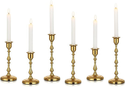 Brass Candlestick Holders Vintage: Gold Taper Candle Holder Metal Candle Sticks Holder Antique Decoration for Dinning Table Mantel Wedding Centerpieces Christmas Party Set of 6