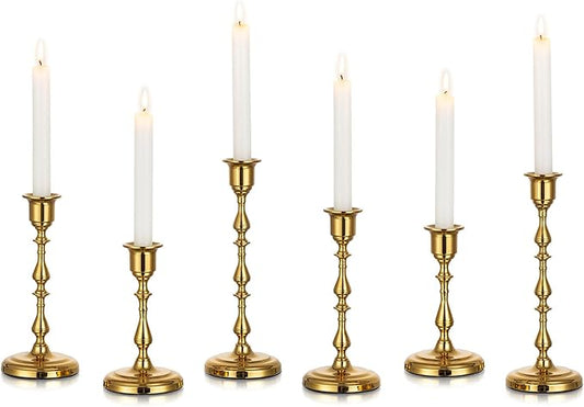 Brass Candlestick Holders Vintage: Gold Taper Candle Holder Metal Candle Sticks Holder Antique Decoration for Dinning Table Mantel Wedding Centerpieces Christmas Party Set of 6