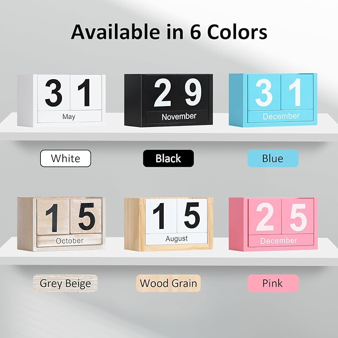 Wooden Block Calendar for Desk, Small Size Daily Desktop Perpetual Desk Calendar, Cute Date Display Desk Accessories for Home Office Decor, Teacher, Classroom, Reusable Yearly, White
