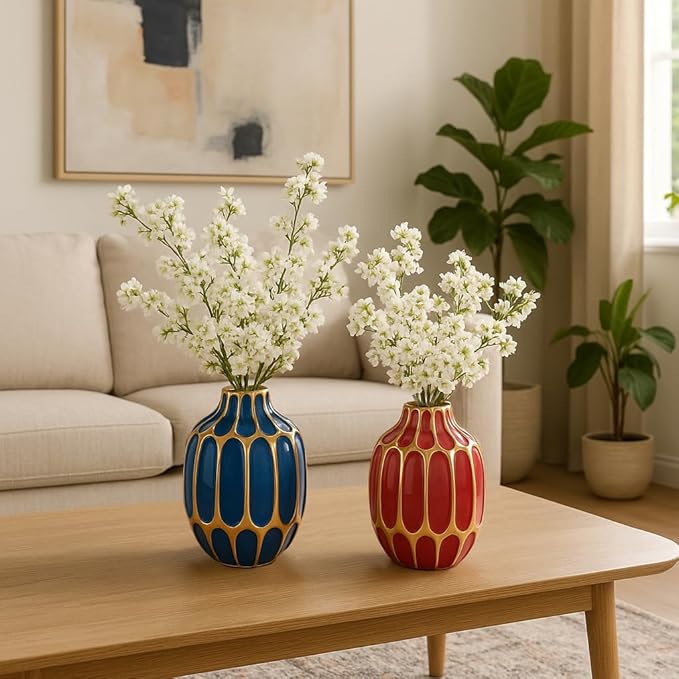 Elegant Ceramic Vase for Living Room Decor and Home Decor Accent - Modern Decorative Flower Vase for Room, Bedroom, or Office Desk - Designed for House and Table Decor - Set of 2, 5", Blue & Red