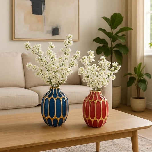 Elegant Ceramic Vase for Living Room Decor and Home Decor Accent - Modern Decorative Flower Vase for Room, Bedroom, or Office Desk - Designed for House and Table Decor - Set of 2, 5", Blue & Red