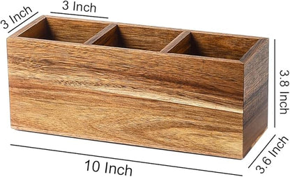 Wood Pens Pencils Holder Cup for Desk Remote Control Holder, Caddy, Organizer, Desktop Storage with 3 Compartments, Makeup Brush Holder, Silverware Caddy for Party, Office Supplies (Acacia)