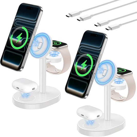 2025 3 in 1 Wireless Charging Station for Apple MagSafe Charger, 15W Fast Magnetic Mag-Safe Charger Stand for iPhone 17 16 15 14 13 12 Apple Watch AirPods, 2 Pack (Adaptor Not Included)