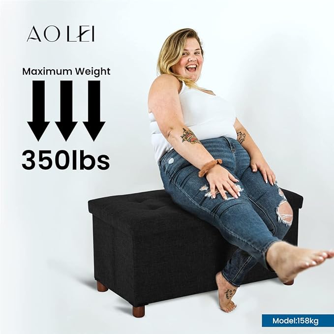 30 Inches Storage Ottoman Bench, Storage Bench with Wooden Legs for Living Room Ottoman Foot Rest Removeable Lid for Bedroom End of Bed, Linen Fabric, Folding Black Ottoman