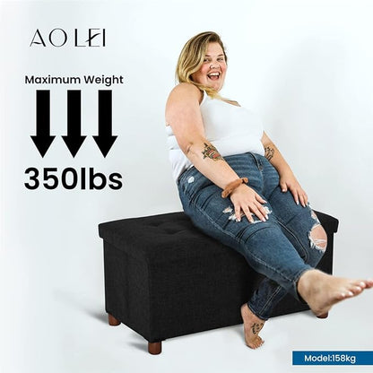 30 Inches Storage Ottoman Bench, Storage Bench with Wooden Legs for Living Room Ottoman Foot Rest Removeable Lid for Bedroom End of Bed, Linen Fabric, Folding Black Ottoman