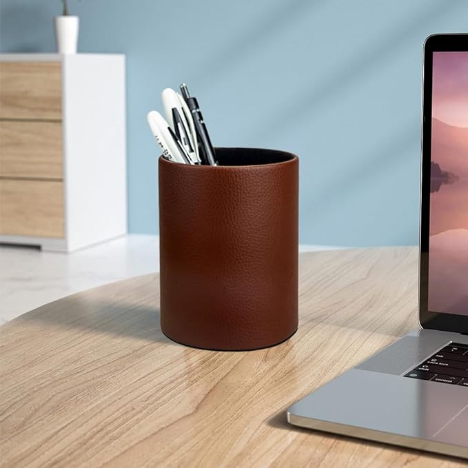 Pen Pencil Holder Cup Container PU Leather Desk Organizer Stand Decor Brush Scissor Holder Decoration Office Desk Home School (3.3" x 3.3" x 4", Brown)