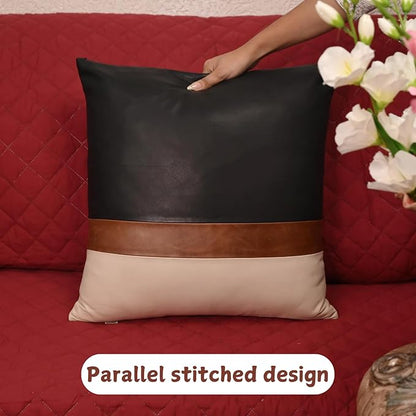 Lambskin Leather Pillow Cover - Sofa Cushion Case - Decorative Throw Covers for Living Room & Bedroom, 20x20 Inches - Black, Brown & Off White Pack of 2