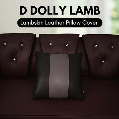 D DOLLY LAMB Lambskin Leather Pillow Cover - Sofa Cushion Case - Decorative Throw Covers for Living Room & Bedroom, 16x16 Inches - Black & Grey Plain