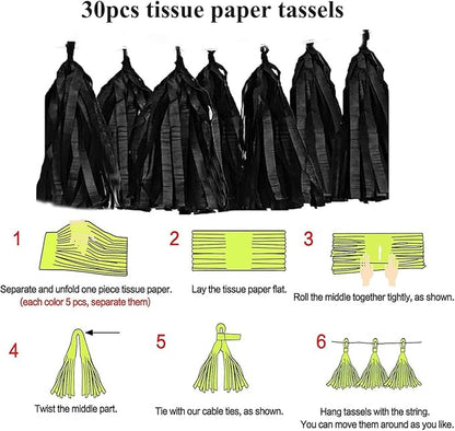30pcs Paper Tassels Garland Banner Tissue Paper Tassel DIY Hanging Paper Decorations Party Tassel Garland Decor Baby Shower Nursery Wedding Baby Shower Decoration(30, Black)