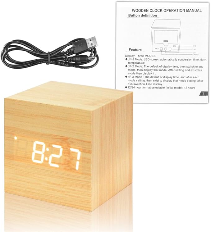 Lancoon Wooden Alarm Clock - Mini Cube LED Digital Clock with Time/Date/Temperature Display, 3 Levels Brightness and Voice Control Great for Home Office Travel - AC10Yellow_White