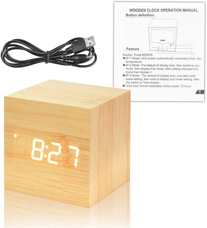 Lancoon Wooden Alarm Clock - Mini Cube LED Digital Clock with Time/Date/Temperature Display, 3 Levels Brightness and Voice Control Great for Home Office Travel - AC10Yellow_White