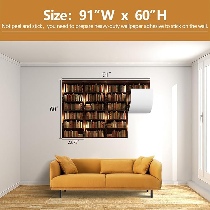 Bookshelf Wallpaper Mural Suitable for Living Room Office（Not Peel and Stick）