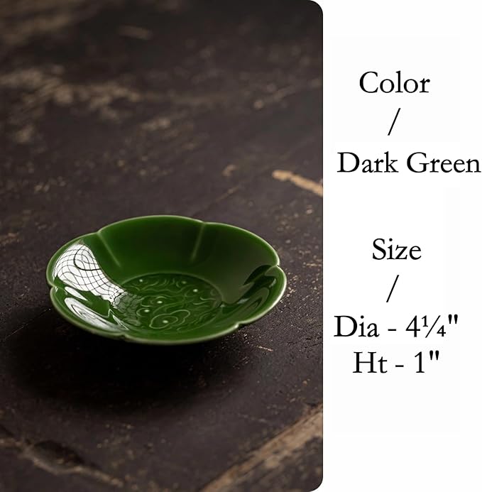 Green Ceramic Trinket Dish, 4.1 Inch Small Jewelry Tray with Auspicious Cloud Motifs (Symbolizing Good Fortune), Decorative Jewelry Holder for Vanity & Nightstand, Gift Packaging for Culture Lovers