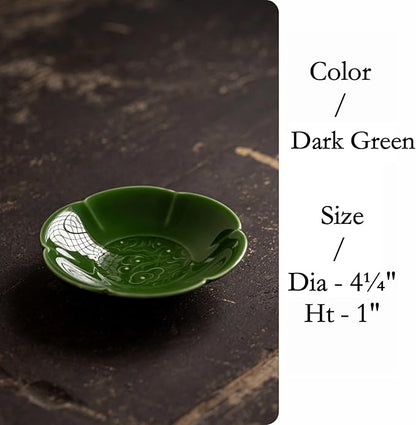 Green Ceramic Trinket Dish, 4.1 Inch Small Jewelry Tray with Auspicious Cloud Motifs (Symbolizing Good Fortune), Decorative Jewelry Holder for Vanity & Nightstand, Gift Packaging for Culture Lovers