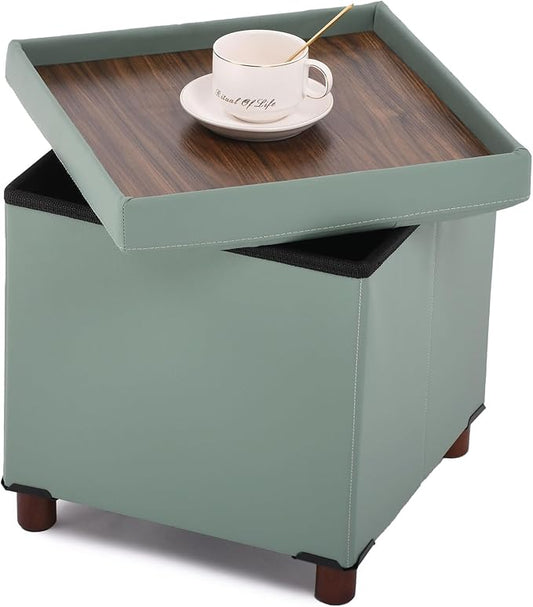 Storage Ottoman, Ottoman with Storage for Living Room Square Ottoman with Tray Lid Bedroom Storage Footstool Cube Small Ottomans Foot Rest Stool with Legs Foldable Faxu Leather 15" Inches