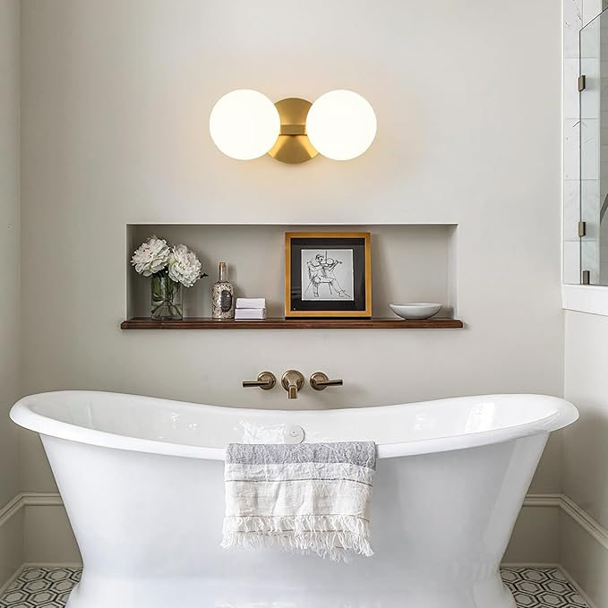 Gold Bathroom Vanity Light Fixtures: Modern Wall Scones With 2 Milk Glass Shades - Globe Makeup Lighting Fixture over Mirror - Brass Ball Powder Room Vanities Lights for Hallway Bedroom Bulbs Excluded