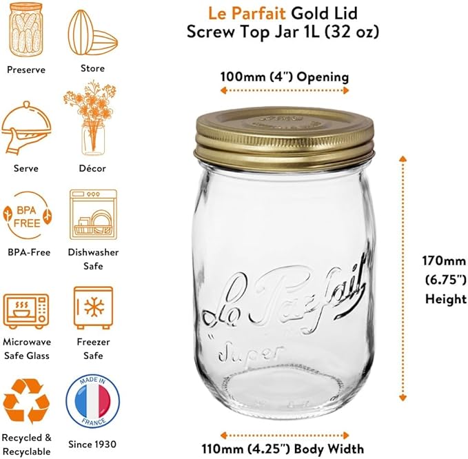 Le Parfait Screw Top Jar Wide Mouth French Glass Jar | Ideal for Food and Soup Storage, Canning, Flour, Brown Sugar, and other Baking Supplies (1L/32oz, Single, Gold)