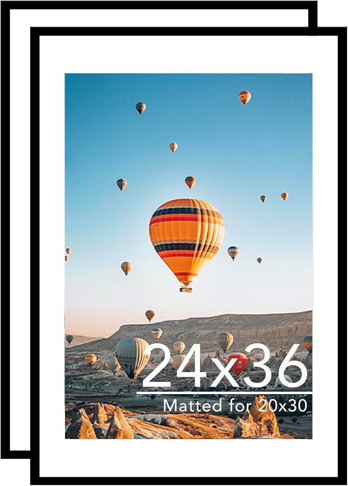 24x36 Picture Frame with 20x30 Mat Set of 2, Display Photo 20x30 with Mat or 24 x 36 Without Mat, Wall Hanging Large 24 by 36 Poster Frame with Plexiglass, 2 Pack, Black