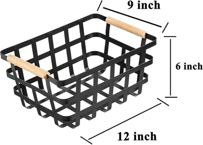 Wire Metal Baskets Metal Wire Food Storage Basket Organizer Farmhouse Baskets Bin Metal Wire Food Storage Basket Organizer with Wood Handles for Pantry Cabinets