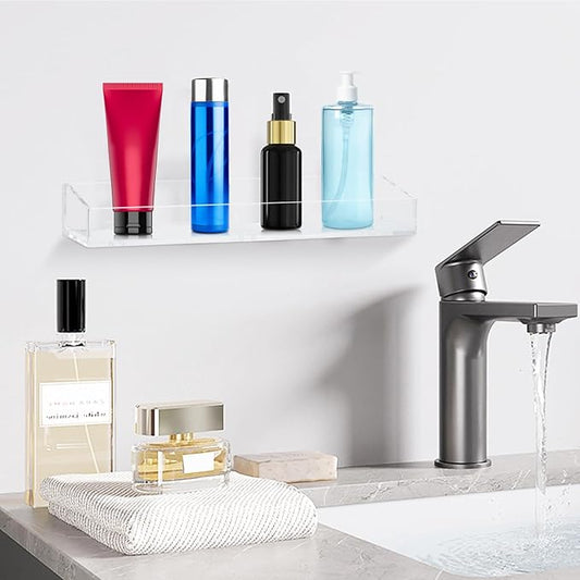 2 Pack Acrylic Bathroom Shelves, Clear Acrylic Shower Caddy Organizer, 15" Invisible Floating Shelves for Book/Figures/Photo/Makeup in Bathroom, Living Room, Bedroom, Kitchen