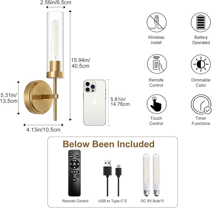Battery Operated Wall Sconce,Gold Wall Sconces 8000mAh Fast Chargin Dimmable 2 Color Temperature Bulbs Endurance 100 Hours Infinitely with Remote Control Wireless Wall Lights for Bedroom Living
