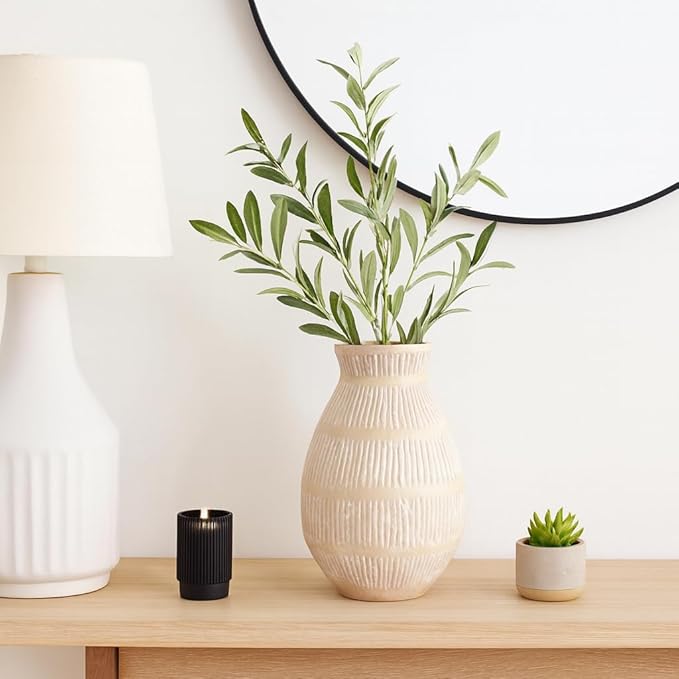 Ceramic Flower Vase for Living Room Decor – Decorative Terracotta Vase with Bold Textured Form for Fresh Flowers or Pampas Grass – Home Centerpiece for Bedroom, Table, or Office Decor – 16" Ivory