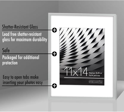Americanflat 11x14 Picture Frame with Shatter-Resistant Glass - Use as 8x10 Frame with Mat or Display 11x14 Photo Without Mat - Streamline Collection - Thin Border Picture Frames for Wall - Silver