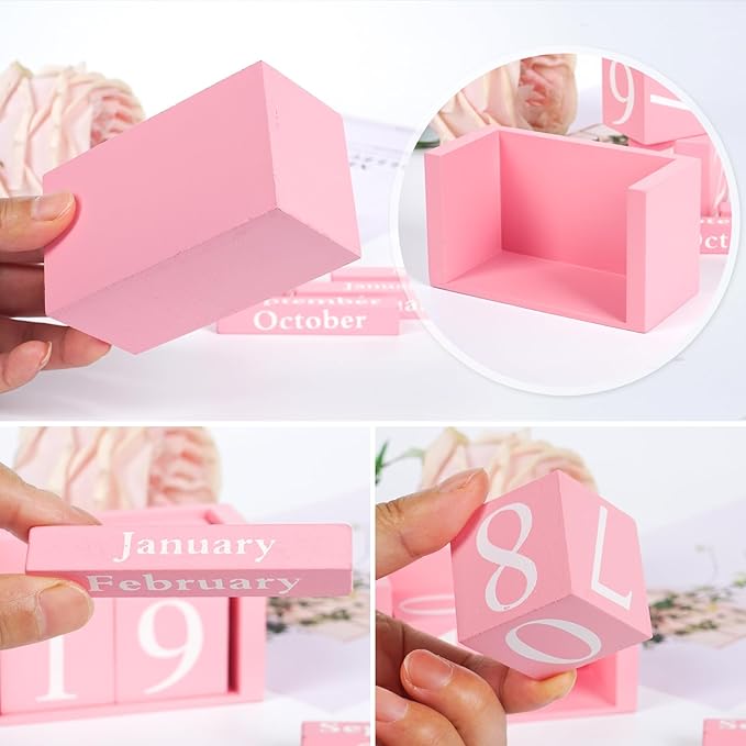Perpetual Desk Calendar - Wooden Block Calendar for Desk, Reusable Date Display Blocks for Office & Home Decor, Teacher Classroom Accessory (Pink)