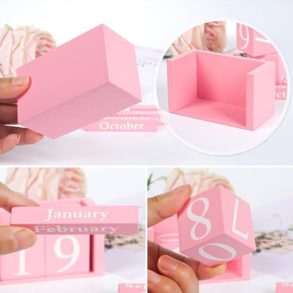 Perpetual Desk Calendar - Wooden Block Calendar for Desk, Reusable Date Display Blocks for Office & Home Decor, Teacher Classroom Accessory (Pink)